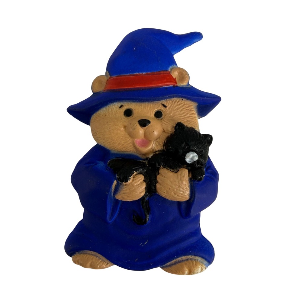 Vintage Enesco Teddy Bear Wizard Pin Blue Hat Warlock Black Cat Halloween Brooch